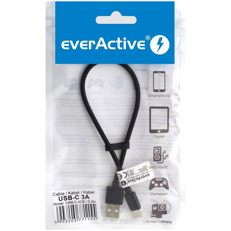 everActive CBB-0.3CB USB-C Hleðsusnúra 30cm Nylon 3A